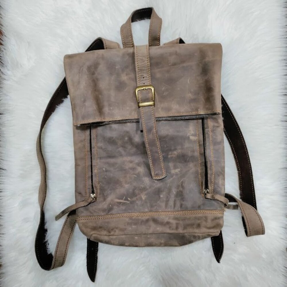 Vintage Brown Rugged Canvas Leather Roll Top Closure Adjustable Straps Backpack - Picture 2 of 10
